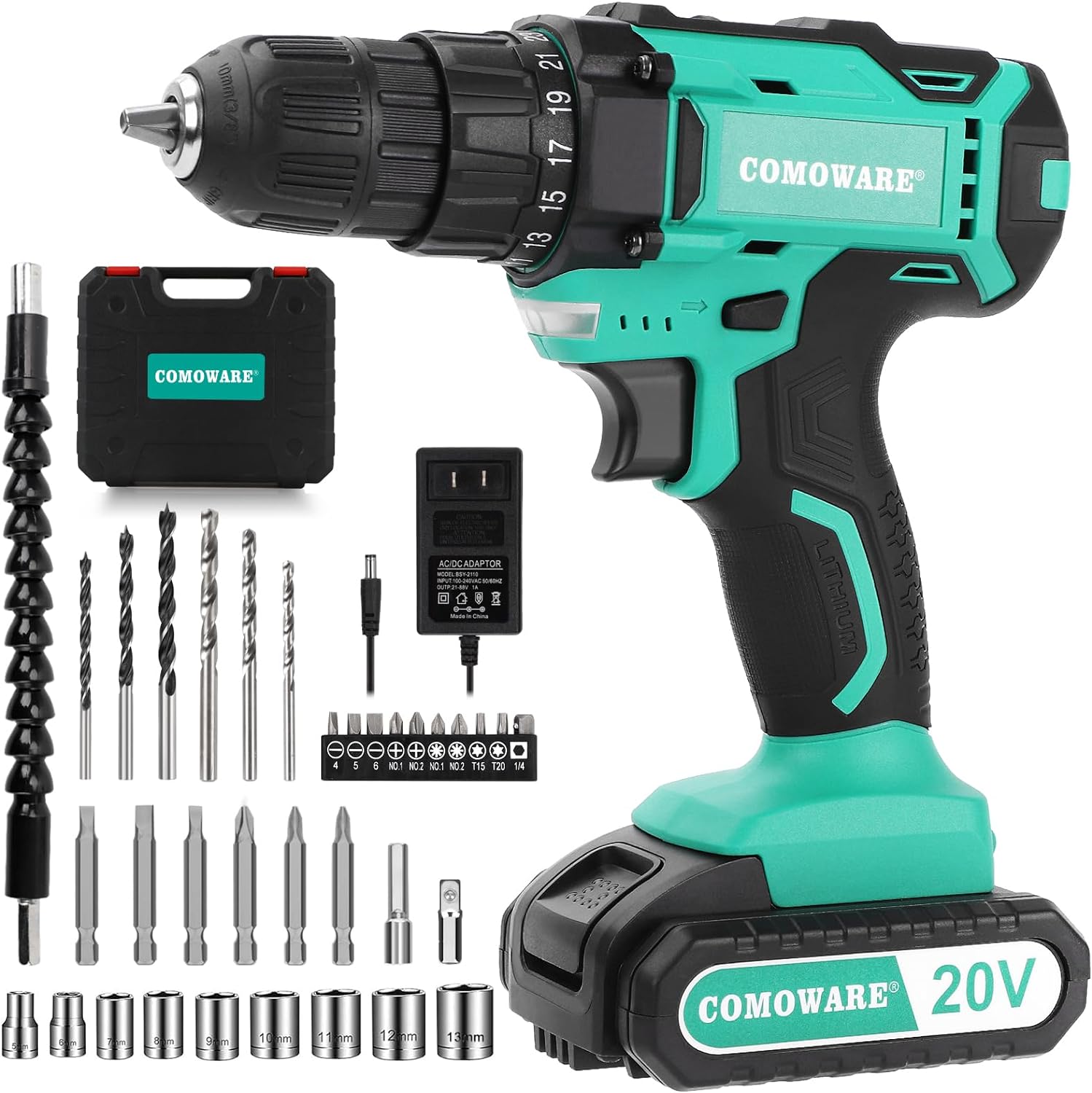 COMOWARE 20V Cordless Drill, Electric Power Drill Set with 1 Battery & Charger, 3/8 Keyless Chuck, 2 Variable Speed, 266 In-lb Torque, 25+1 Position and 34pcs Drill/Driver Bits