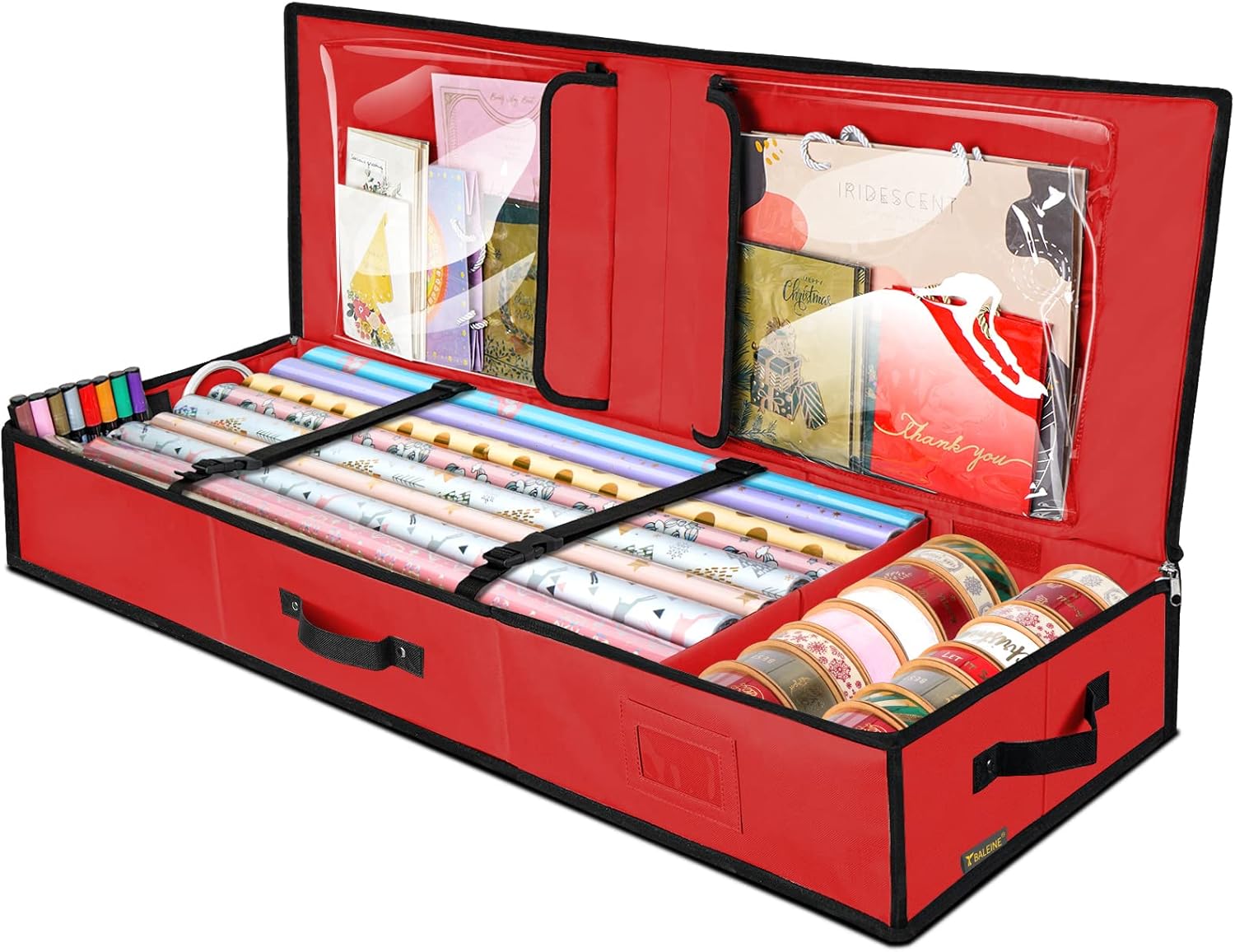 BALEINE Christmas Wrapping Paper Storage Organizer with Flexible Partitions and Pockets, 40 Durable 600D Oxford Fabric Gift Wrap Storage Bag Fits Ribbon, Ornaments, Holiday Accessories (Red)