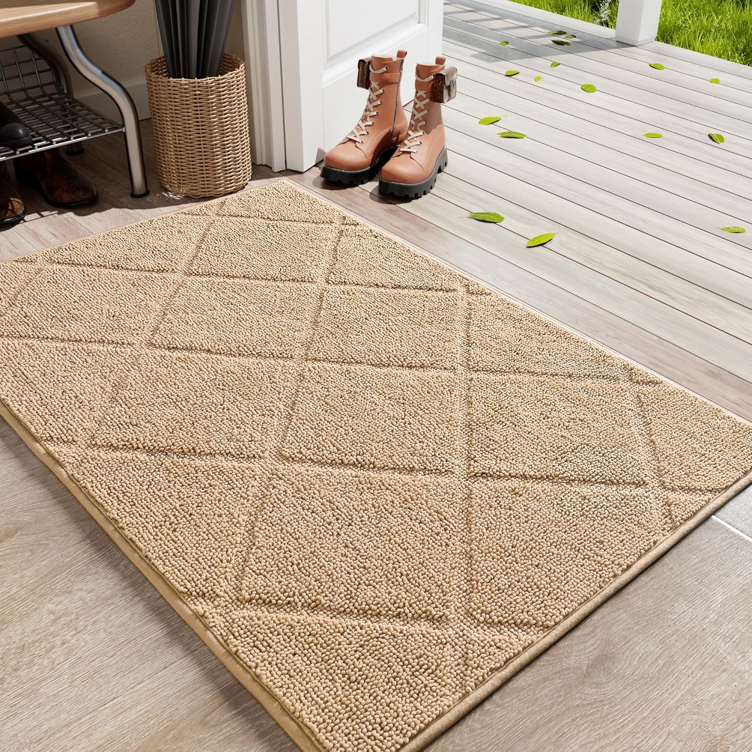 LOCHAS Beige Indoor Door Mat 20x32 Inch, Rubber Backing, Washable Absorbent Chenille Doormat, Low-Profile, Non Slip Microfiber Entrance Mat, Quick Dry Resist Dirt Front Welcome Mats for Entryway Home