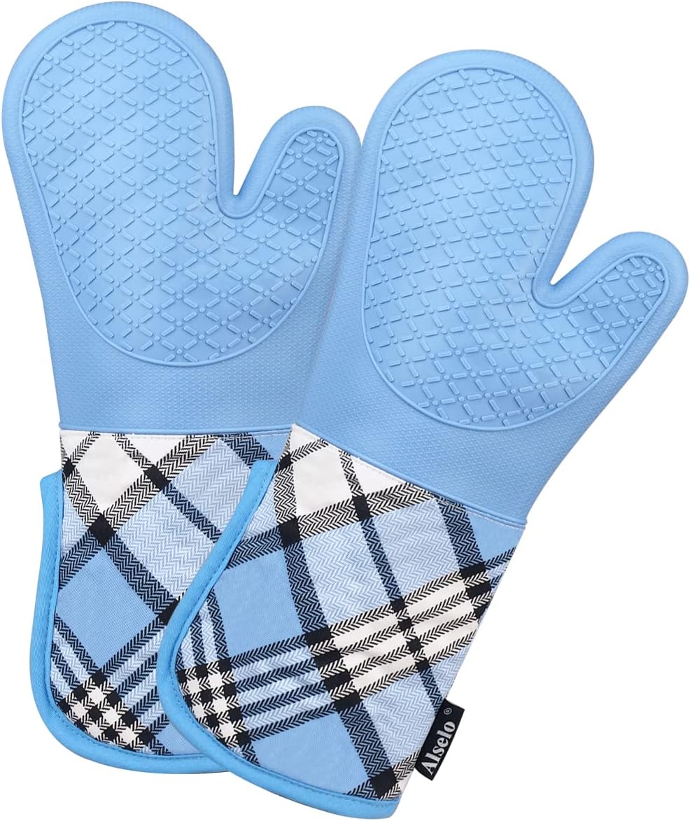 Silicone Oven Mitts Heat Resistant 932 with Waterproof & Non-Slip Kitchen Mittens, Set of 2 Extra Long Oven Gloves with Soft Cotton Terry Lining for Baking Cooking Barbecue