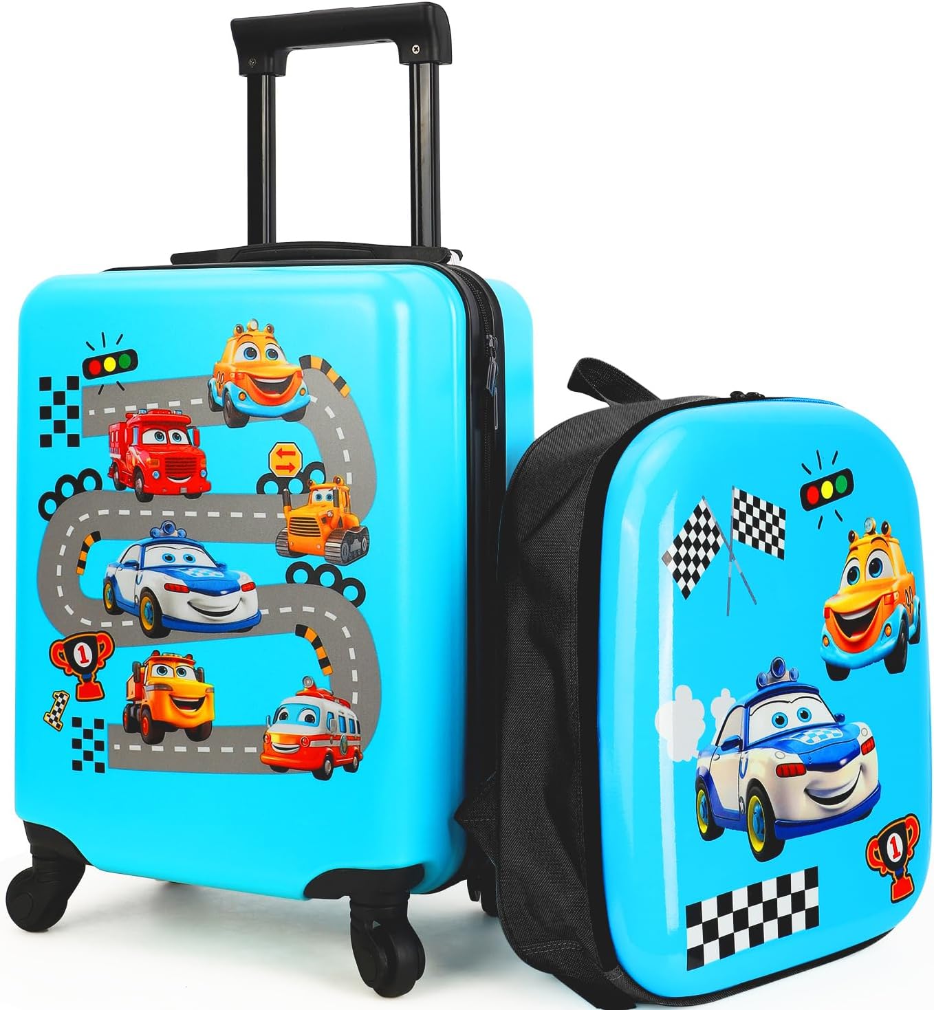 emissary Blue Hardshell Cartoon Suitcase with Wheels for Boys, Carry-on Luggage with 360-degree Silent Spinner Wheels, Toddler Rolling Suitcase for Travel