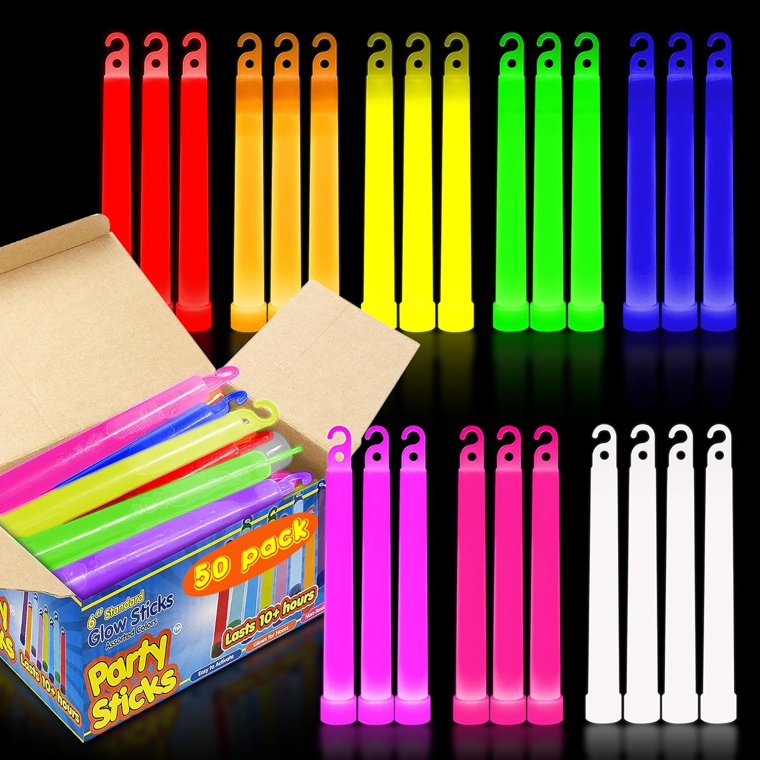 PartySticks Glow Sticks Party Supplies for Kids and Adults (50pk Assorted) - 6 Inch Bulk Glow Light Up Sticks Party Favors, Glow in the Dark Party Decorations, Waterproof Nontoxic Glow Necklaces