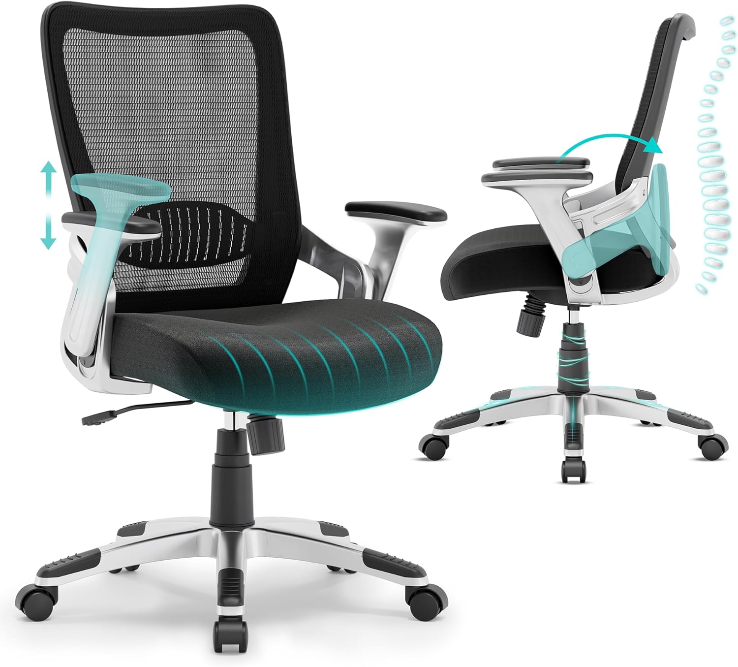 Ergonomic Office Desk Chair, Mesh Computer Gaming Chair with Adjustable Flip-Up Arms, Lumbar Support, Tilt Function, Comfy Wide Seat, Swivel Wheel, Sturdy Big and Tall Task Chairs for Adults Students