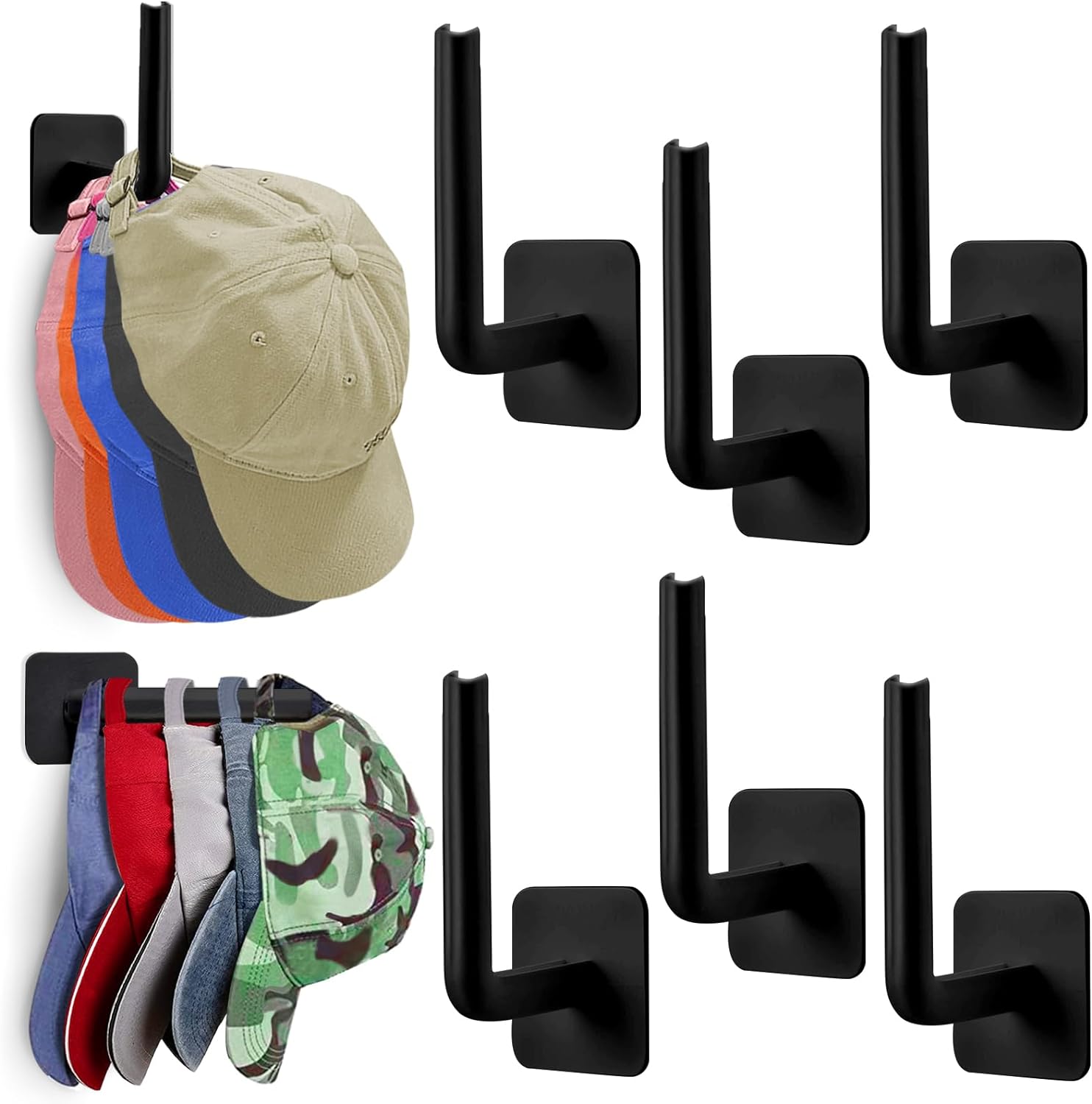 Hat Rack for Wall Hat Organizer, 6-Pack Hat Racks for Baseball Caps, Adhesive Hat Hooks for Wall, No Drilling Hat Hangers for Closet Cowboy Hat Holder Display, Sticky Hat Storage