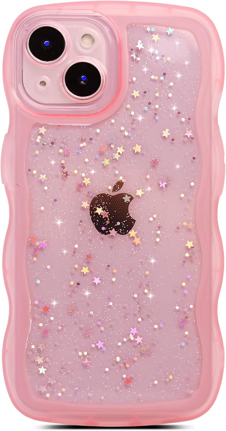 Qokey for iPhone 14 Case 6.1 Curly Wave Edge Design Transparent Bling Glitter Star Shiny Case Cute Clear Transparent Full Protection Soft TPU Shockproof Phone Cover for Women Girls,Pink