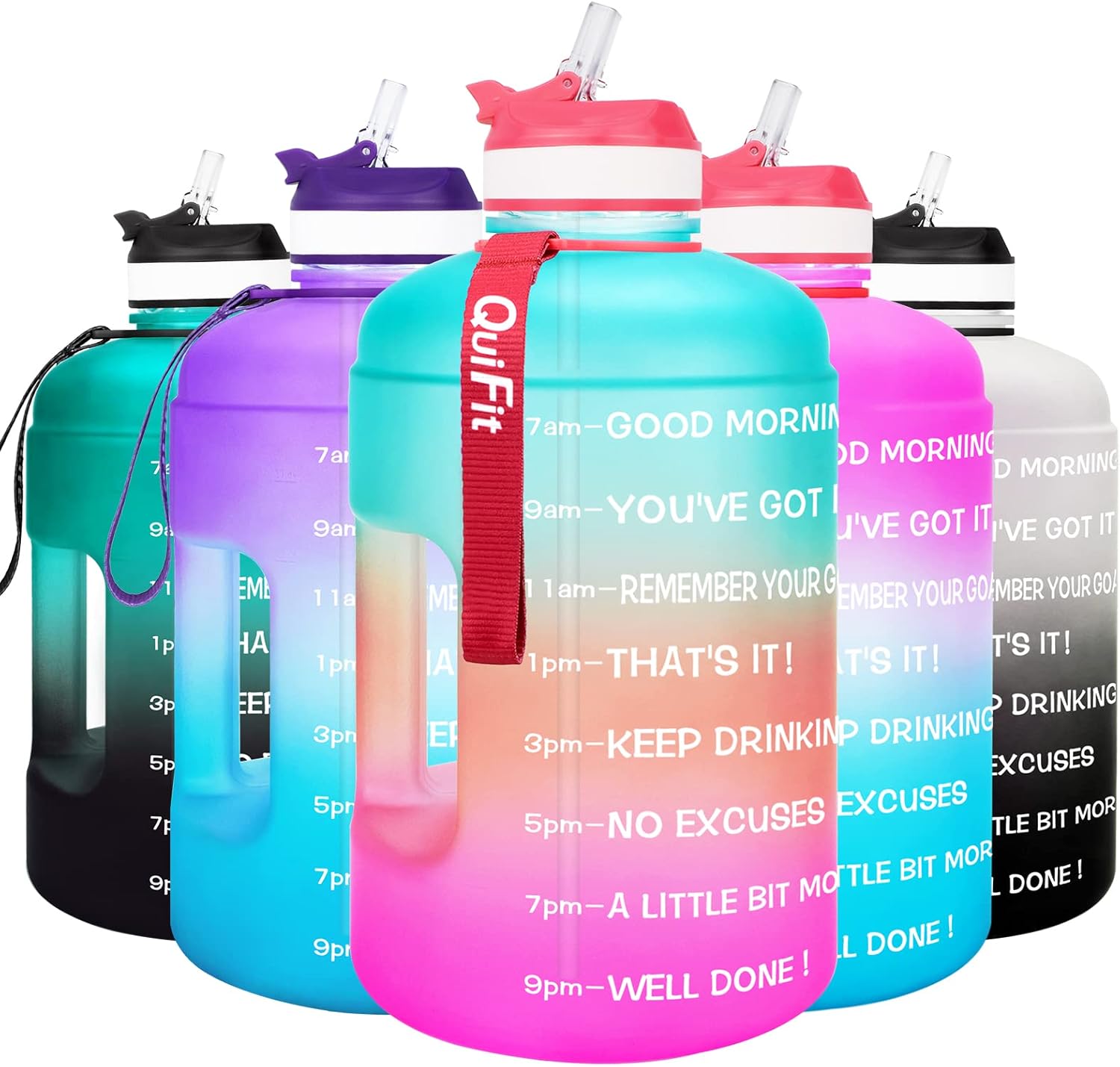 QuiFit Motivational Gallon Water Bottle - with Straw & Time Marker BPA Free Large Reusable Sport Water Jug with Handle for Fitness Outdoor Enthusiasts Leak-Proof