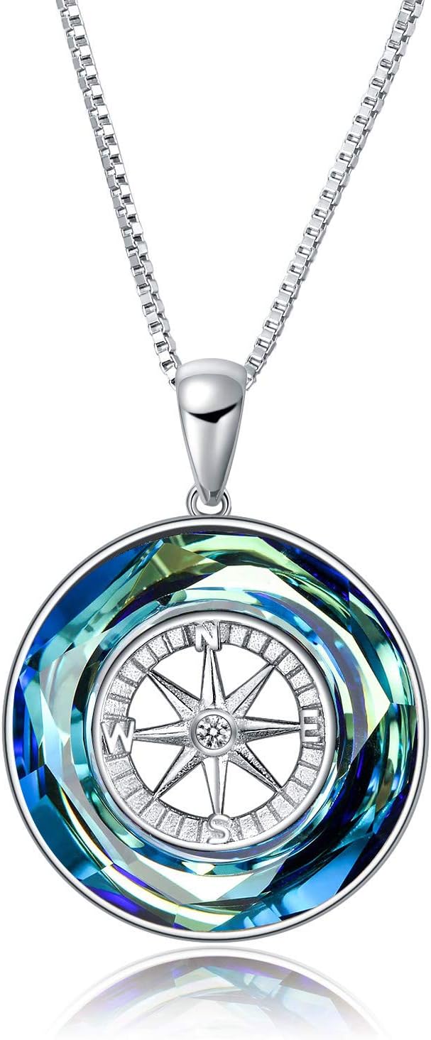 AOBOCO Graduation Gifts for Women, 925 Sterling Silver Compass Pendant Necklace with Color-changed Crystal from Austria, College Graduation Gift for Her Women