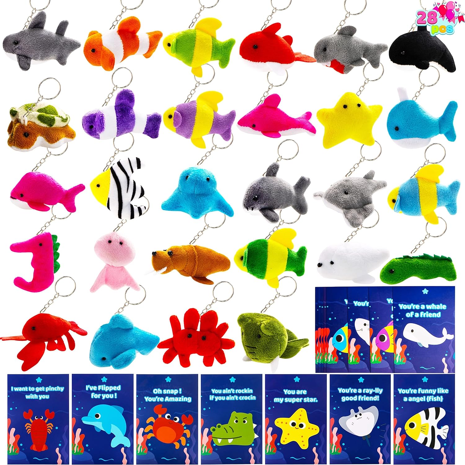 JOYIN 28 Pack Valentines Day Gifts Cards with Mini Plush Animal Toys, Stuffed Sea Animal Keychain Toys Kits for Kids Valentines Party Favor, Valentine's Classroom Exchange Gift School Game Prizes