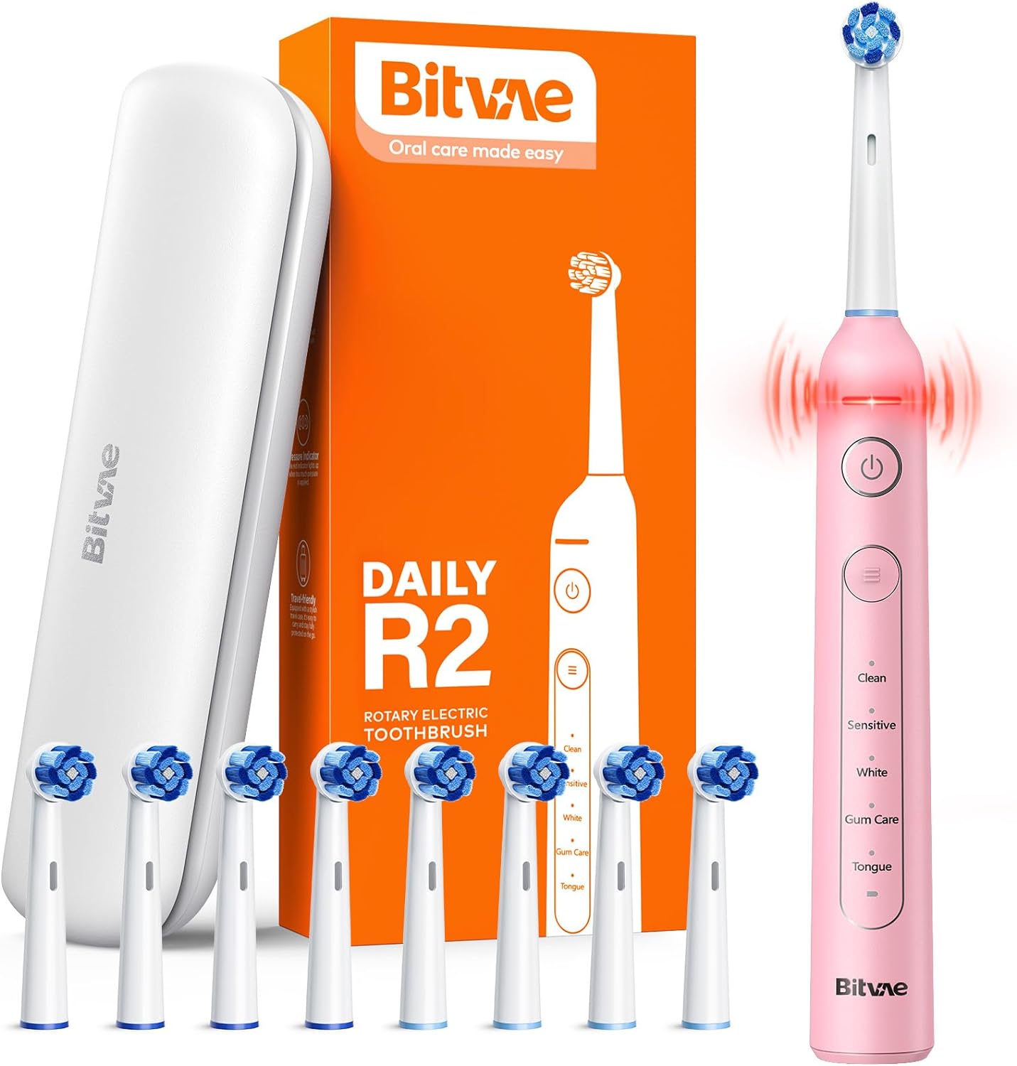 Bitvae R2 Rotating Electric Toothbrush for Adults with 8 Brush Heads, 5 Modes Rechargeable Power Toothbrush with Pressure Sensor, Pink