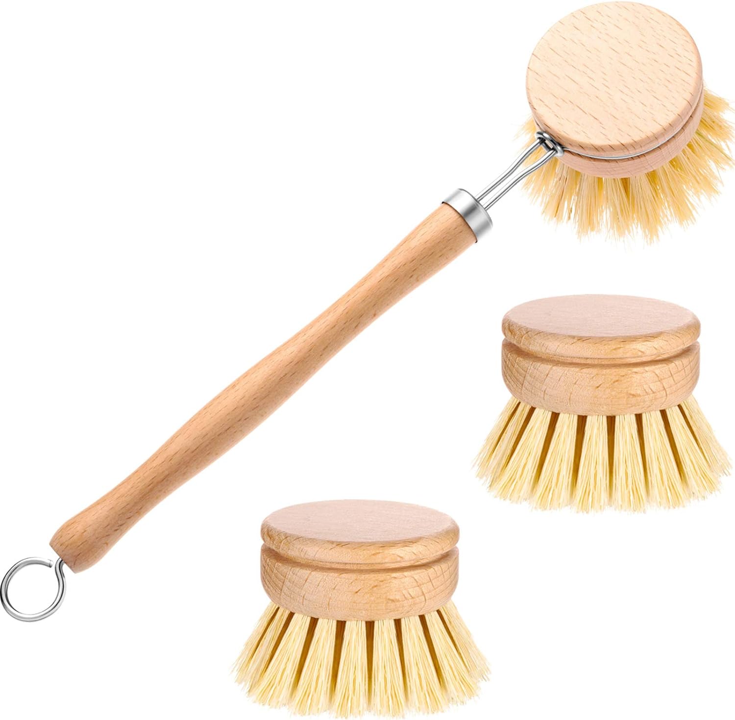 Classic Dish Washing Brush Natural Scrub Brush with 2 Pieces Beechwood Replacement Brush Heads Replacement Brush Refill for Kitchen Room Cleaning Supplies