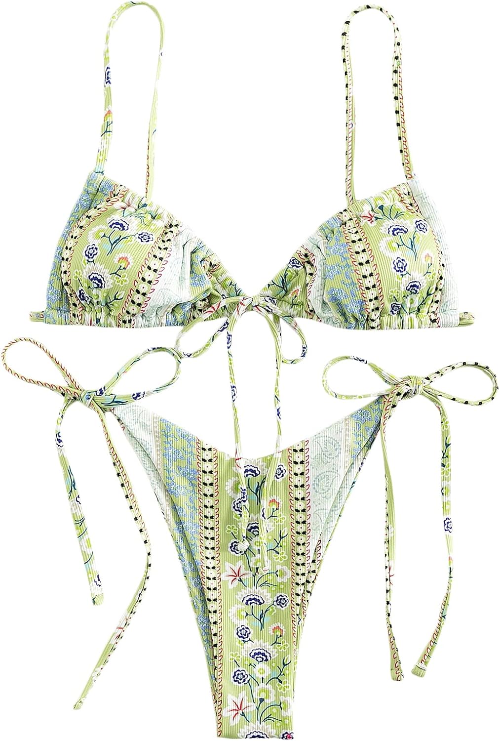 WDIRARA Women' Floral Print Tie Side Swimwear Straps Bikini Sets Swimsuits