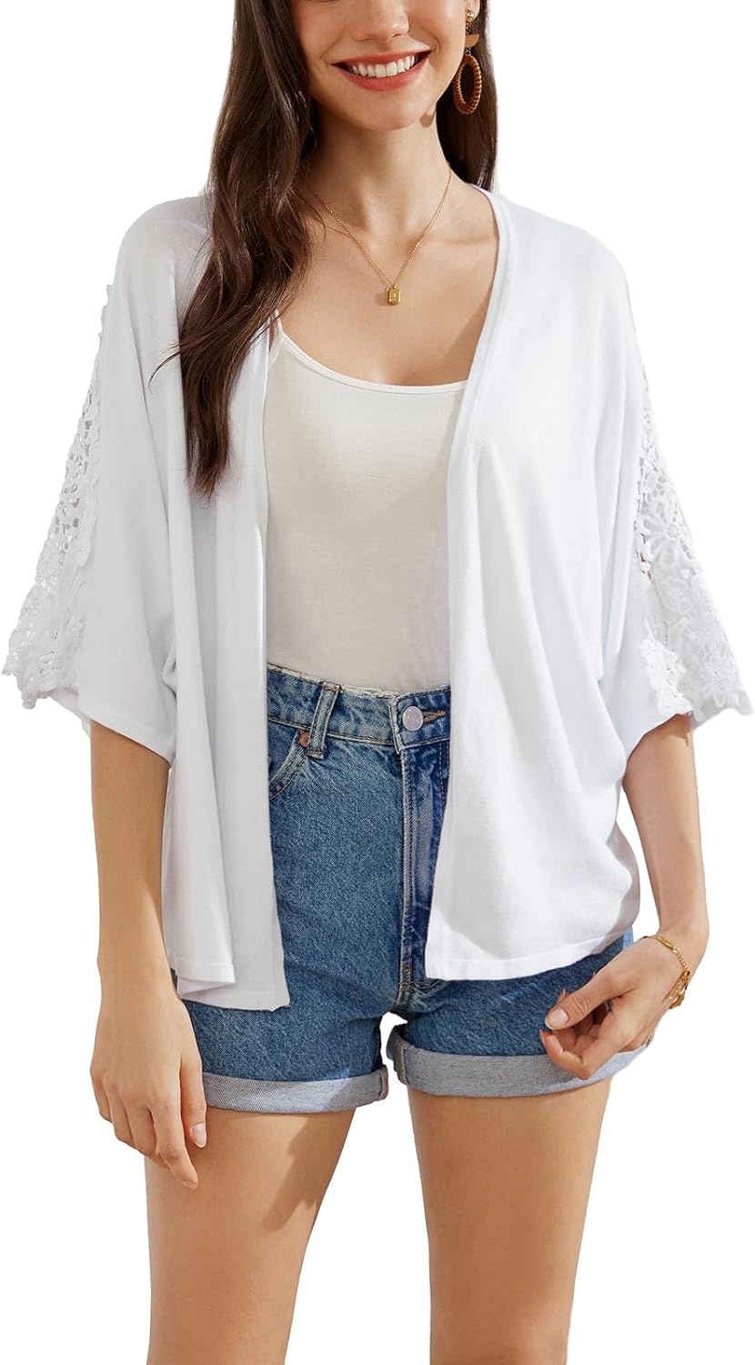 GRACE KARIN Open Front Cardigan for Women Kimono Lace Short Sleeve Summer Cardigan Shrug Loose Cover ups Casual Tops