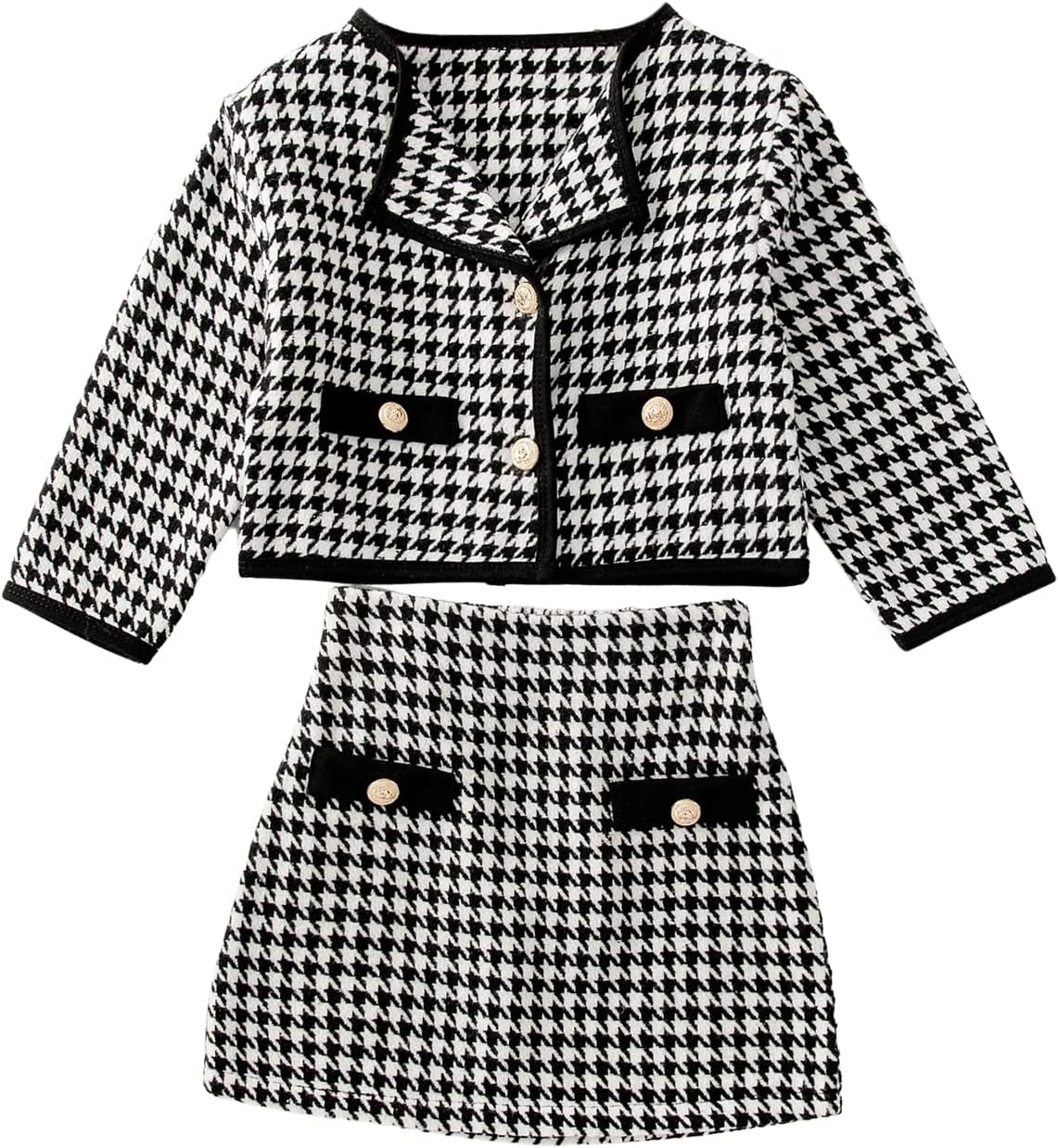 WDIRARA Toddler Girl' 2 Piece Houndstooth Button Front Long Sleeve Round Neck Jacket and Skirt Outfits Set