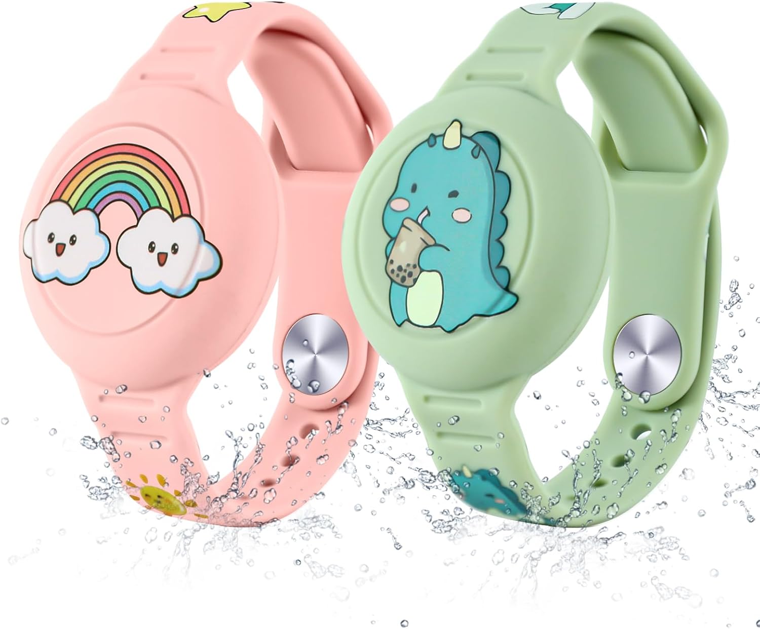 Diaclara Designed for AirTag Bracelet for Kids, Waterproof Cute Cartoon Air tag Holder, Full Coverage Anti-Lost Silicone Airtag Hidden Accessories for Child, Healthy Material (Pink & Green)