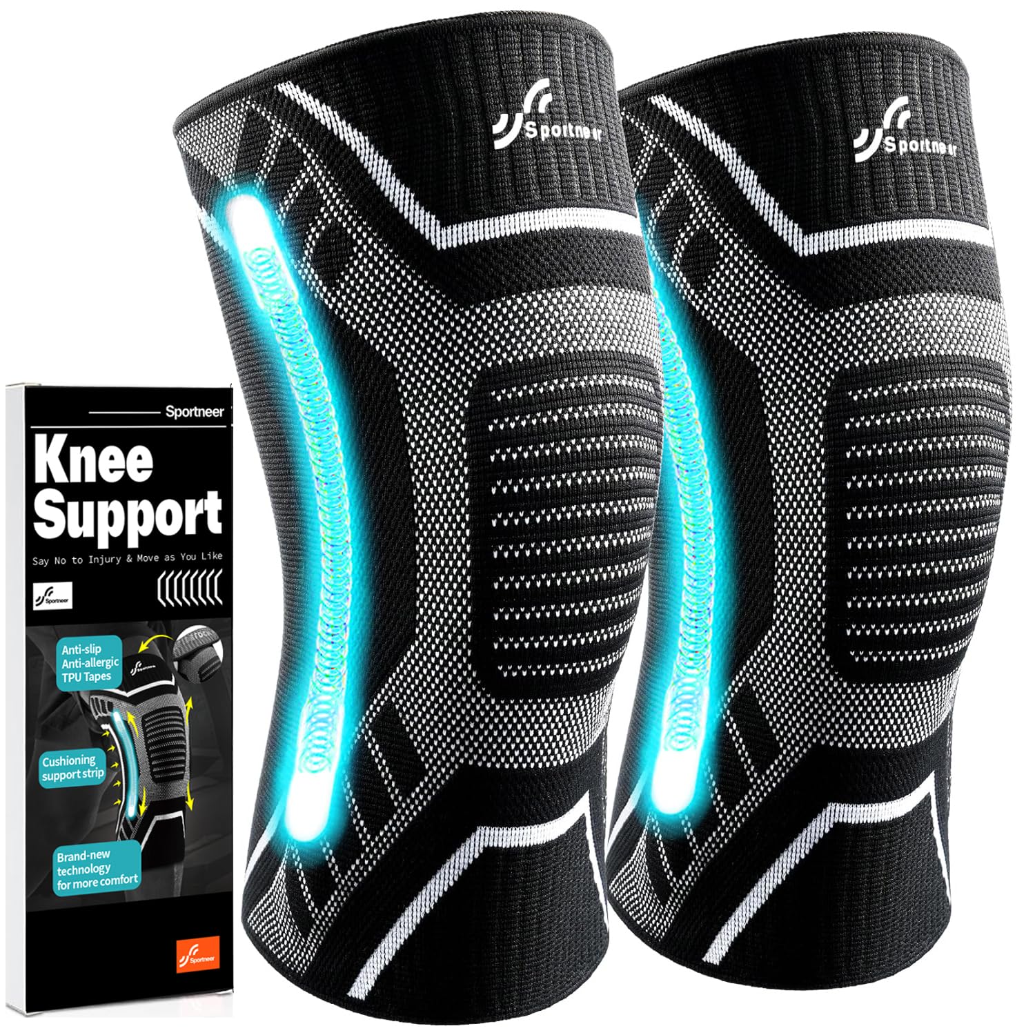 Knee Brace for Men %26 Women, Sportneer Knee Compression Sleeve with side stabilizers, Knee Support for Running, Hiking, Working, Basketball, Volleyball, Gym, Meniscus Tear, ACL, Arthritis Knee Pain Relief