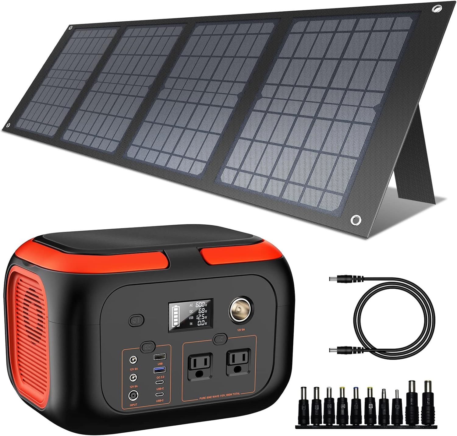 296Wh 600W Portable Power Station with 40W Solar Panel, Solar Generator Outdoor Backup Battery Supply with AC Outlet for Tent Camping, Home Emergency, Traveling, RV Trip