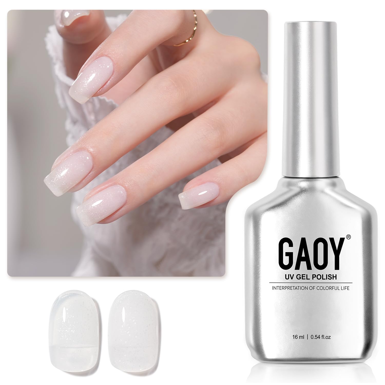 GAOY Jelly Nude Gel Nail Polish, 16ml Sheer White Glitter Gel Polish, Shimmering Translucent UV Light Cure for Nail Art DIY, 2164 Starry White