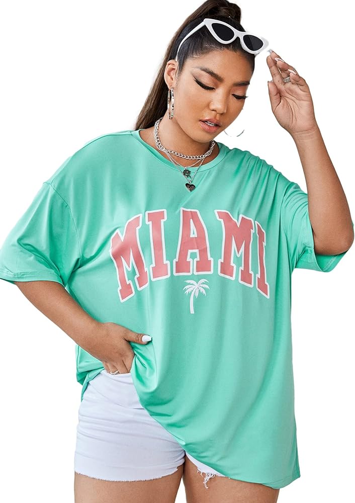 Verdusa Women's Loose Drop Shoulder Tree Miami Letter Graphic Oversized Longline Tee Shirt Tops