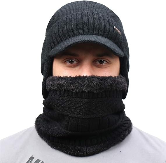 Winter Beanie w/Visor & Earflaps for Men Outdoor Fleece Hat Scarf Set