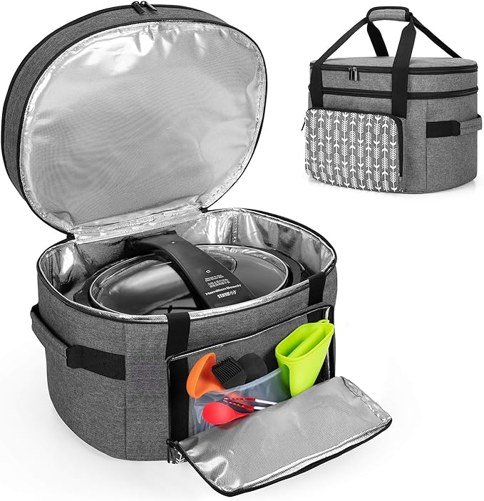 YARWO Slow Cooker Travel Bag with Bottom Board Compatible with Crock-Pot and Hamilton Beach 6-8 Quart Oval Slow Cooker, Double Layers Slow Cooker Carrier, Gray with Arrow (Bag Only, Patent Pending)