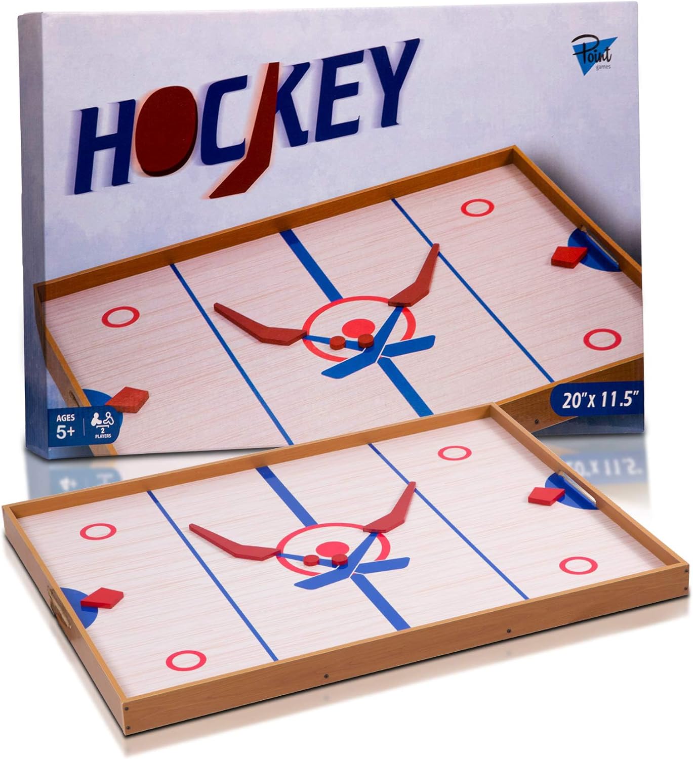 Point Games Small Tabletop Slap Shot Hockey Game, Super Durable Wooden Hockey Board with 2 Hockey Sticks and 5 Pucks, Great Family Game for Ages 5 