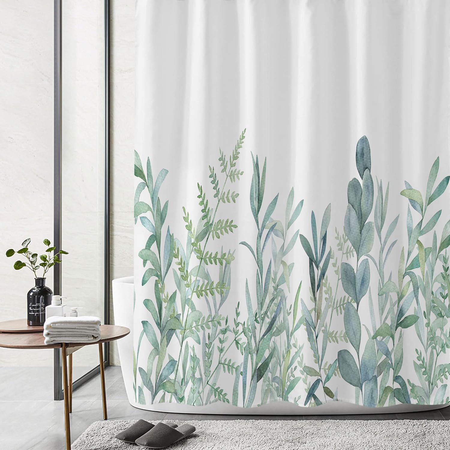 Gibelle Extra Long Shower Curtain 72 x 84, Green Plant Leaves Tall Shower Curtain, Spring Watercolor Eucalyptus Leaf Botanical Waterproof Fabric Shower Curtain for Bathroom Decor