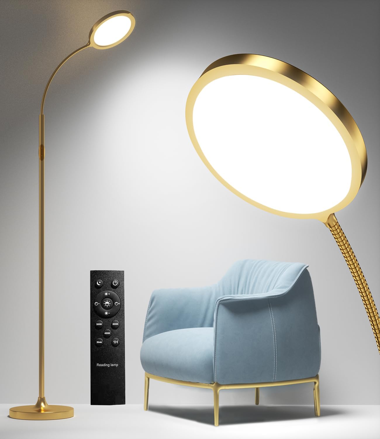 Gold Floor Lamp,Super Bright Dimmable LED Floor Lamps for Living Room, Custom Color Temperature Standing Lamp with Remote Push Button, Adjustable Gooseneck Reading Floor Lamp for Bedroom Office