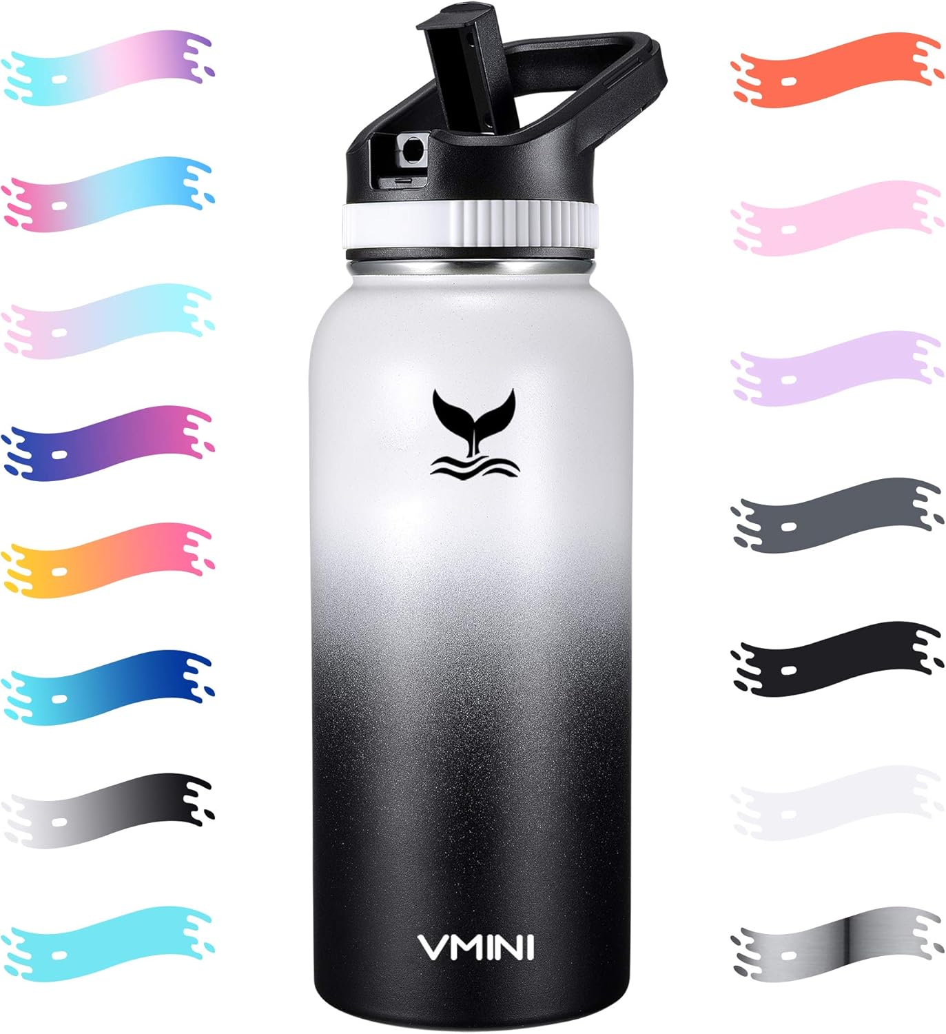 Vmini Water Bottle with Straw, Wide Sturdy Straw Lid with Dust Proof Cap, Wide Mouth Vacuum Insulated Stainless Steel Water Bottle, 32/40 oz