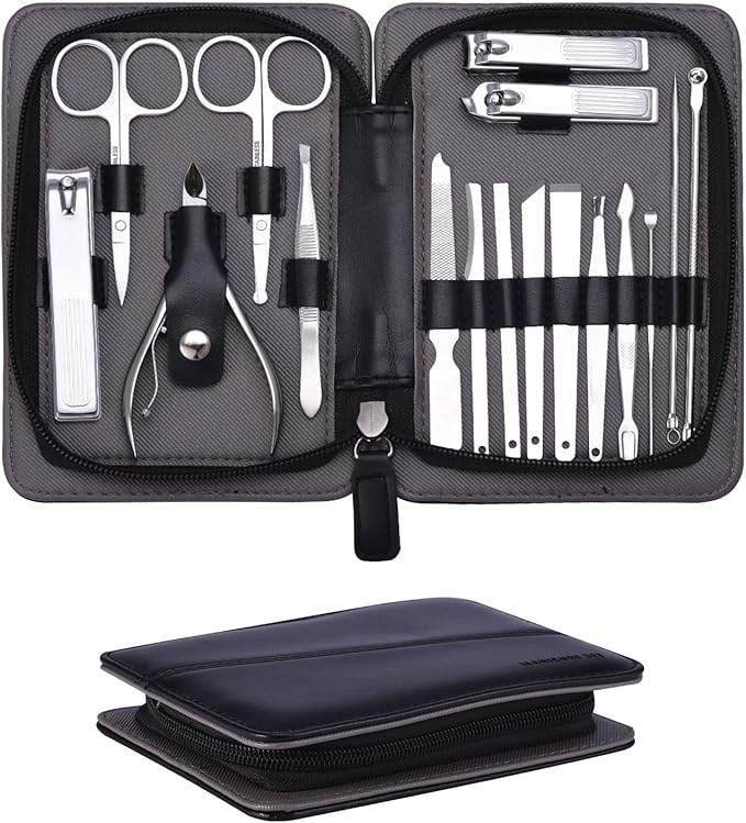 FIXBODY Nail Clippers Set, Manicure Set Professional and Pedicure Kits, 17 Pieces Fingernail Clipper Toenail Clipper Set Cuticle Nipper with Black Leather Case, Nail Care Kit, Gift for Men and Women