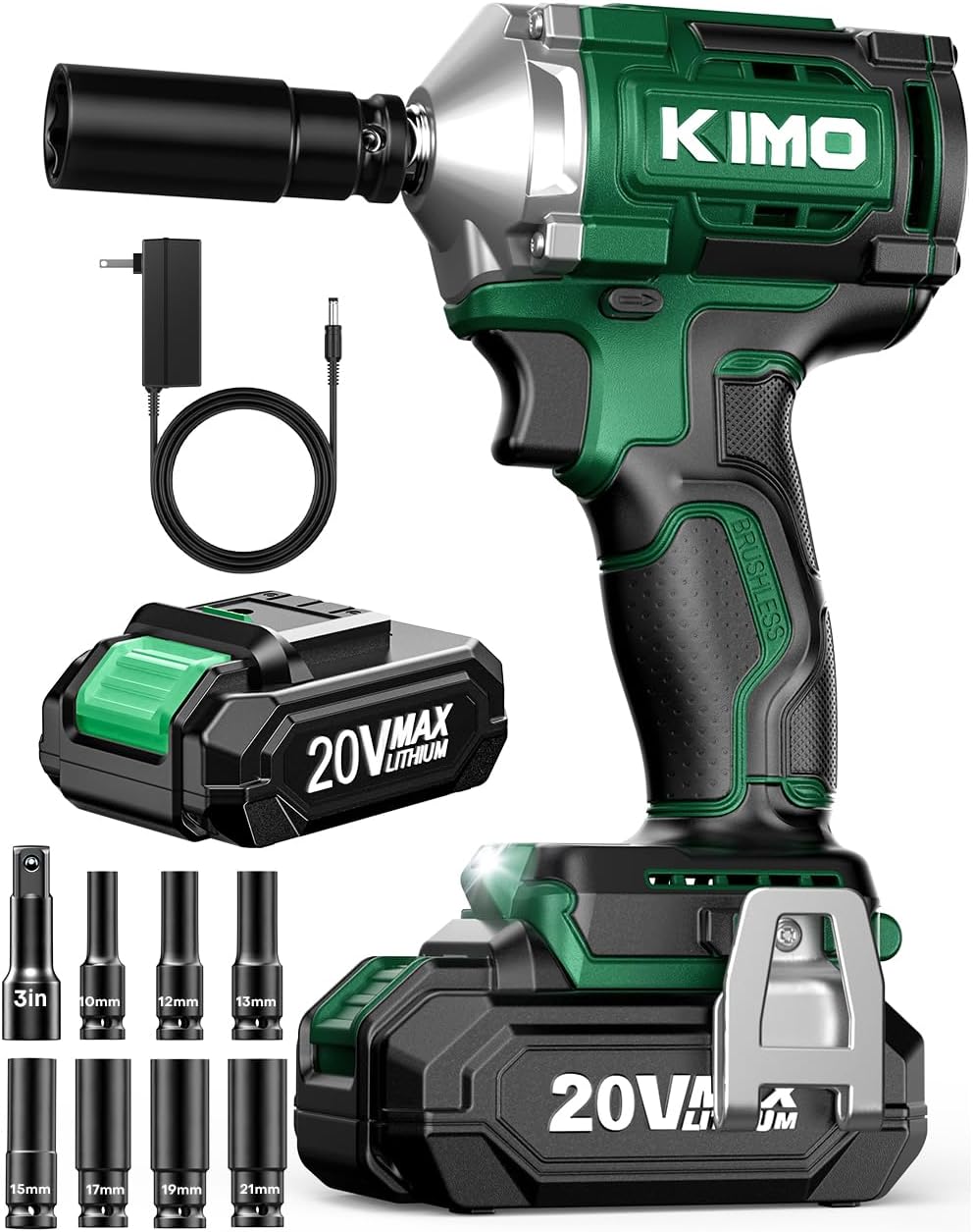 KIMO Cordless Impact Wrench 1/2, Brushless Impact Driver with 600 ft-lb Max Torque, 3000 RPM, 20V Electric Impact Wrench with 1 Hour Fast Charger & Variable Speeds, 1/2 Impact Gun for Car Home