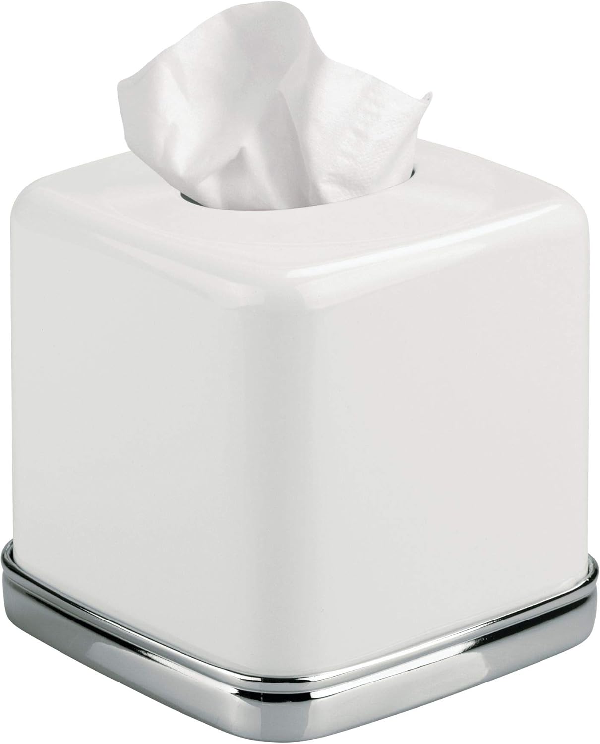 iDesign York Facial Tissue Box Cover, Vintage Holder for Bathroom Vanity Countertops, 5.75 x 5.75 x 5.5, Chrome and White