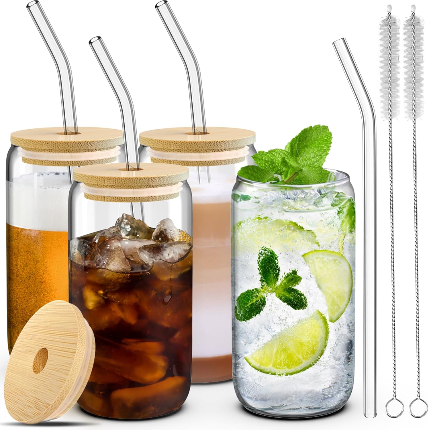 4+Set+Glass+Cups+with+Lids+and+Straws+16+oz%2c+Glasses+Drinking+Set%2c+Iced+Coffee+Cup+with+Bamboo+Lids%2c+Drinking+Glasses+Tumbler+with+Straw+and+Lid%2c+Glass+Can+Coffee+Cups%2c+Drinking+Glassware%2c+2+Brushes