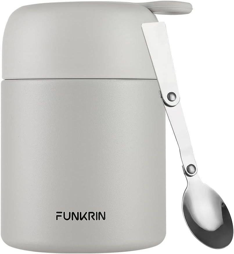 Funkrin 16oz Thermos for Hot Food, Stainless Steel Lunch Box for Kids Adults, Insulated Food Jar with Folding Spoon, Vacuum Leak Proof Soup Container for Hot & Cold Food