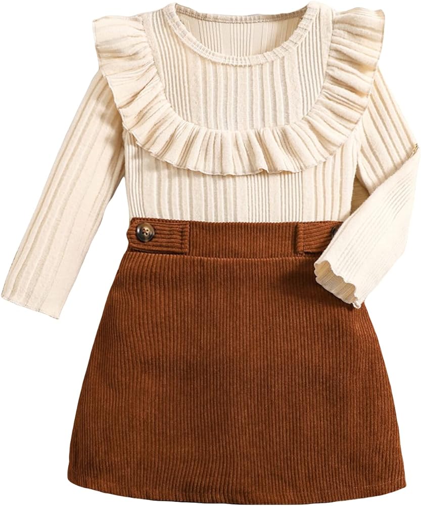 SOLY HUX Girl's Skirt Outfits Long Sleeve Knitted Shirt Sweater Ruffle Trim Tshirt Tops & Mini Skirt Cute Clothes 2 Piece Set