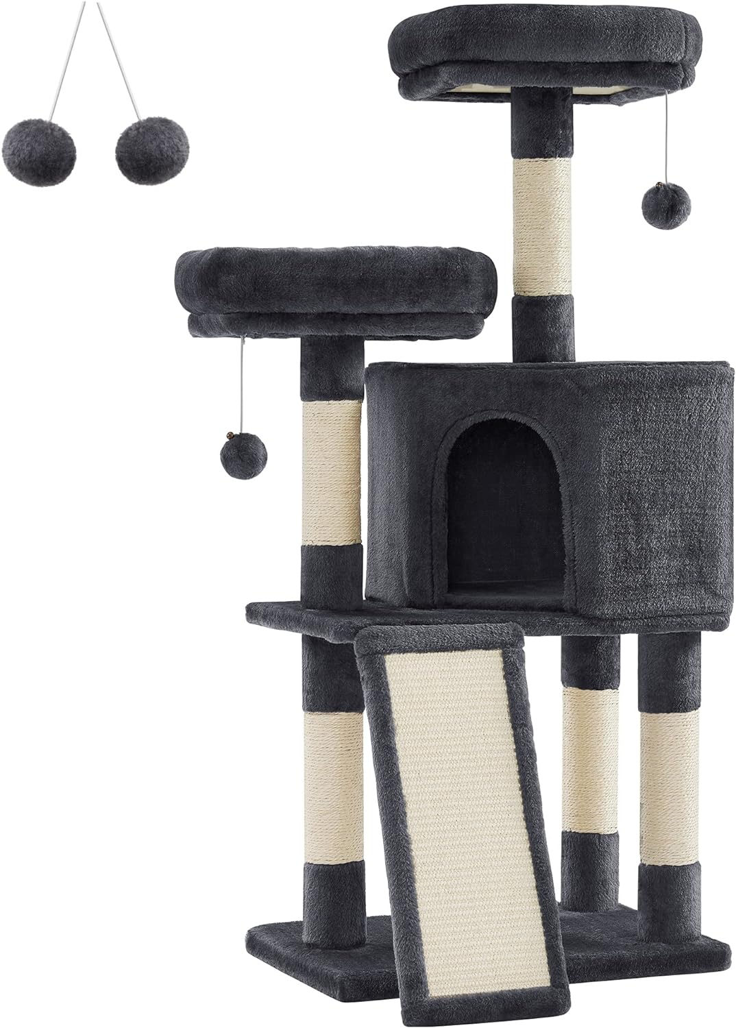 Feandrea Cat Tower, Cat Tree for Indoor Cats, 45.3-Inch Cat Condo with Scratching Post, Ramp, Perch, Spacious Cat Cave, for Kittens, Elderly Cats, Adult Cats, Small Space, Smoky Gray UPCT141G01