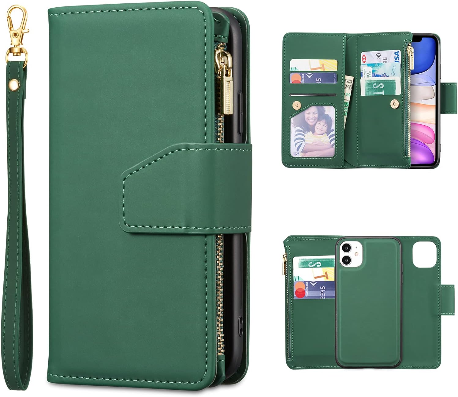 EYZUTAK Case for iPhone 13 Pro 6.1 inch, Glossy PU Leather 9 Card Slots Magnetic Closure Detachable Wrist Strap Zipper Wallet Shockproof Removable Back Cover Case - Dark Green