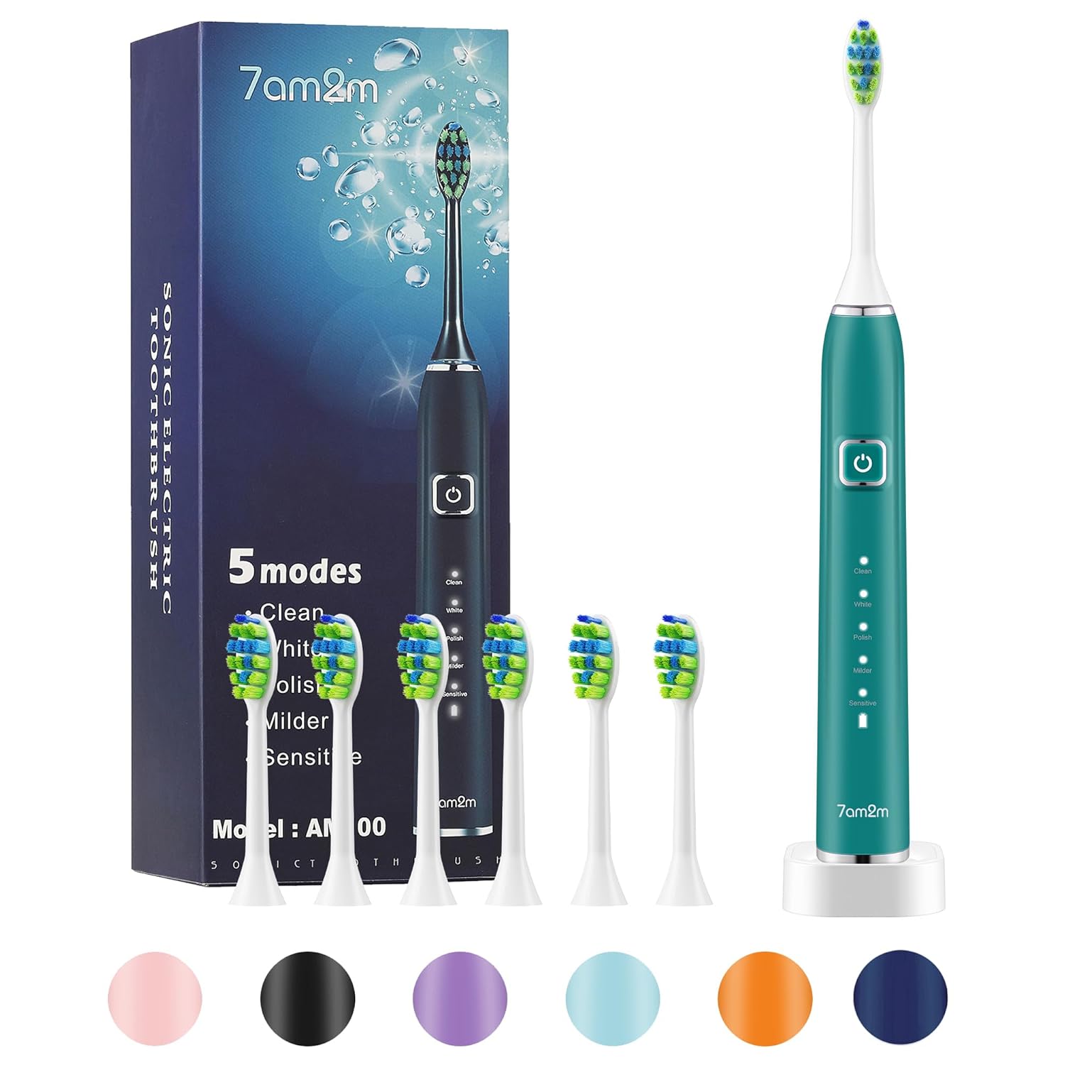 7AM2M Sonic Electric Toothbrush with 6 Brush Heads for Adults and Kids, One Charge for 90 Days,Wireless Fast Charge, 5 Modes with 2 Minutes Built in Smart Timer, Electric Toothbrushes (Peacock Green)