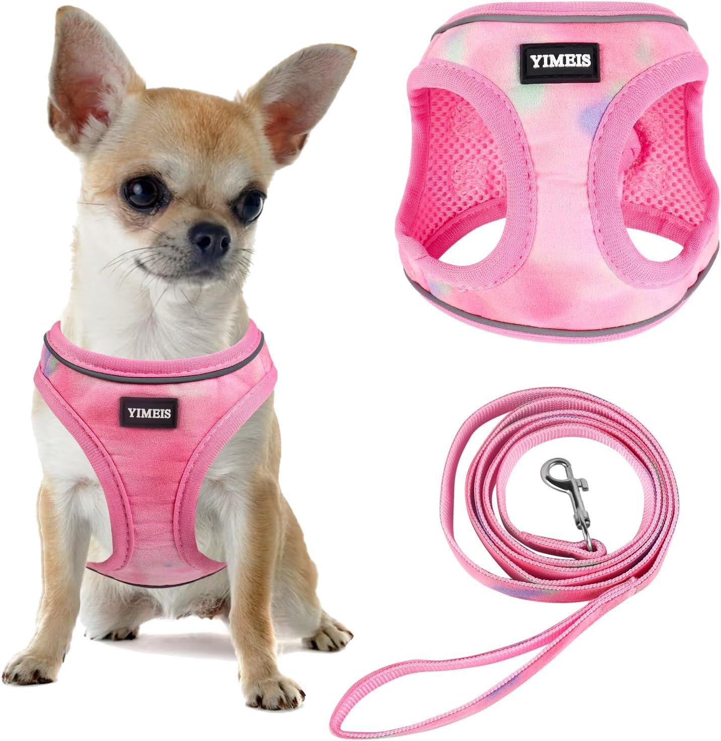 YIMEIS Dog Harness and Leash Set, No Pull Soft Mesh Pet Harness, Reflective Adjustable Puppy Vest for Small Medium Large Dogs, Cats (Tie-dye Pink, Medium (Pack of 1)