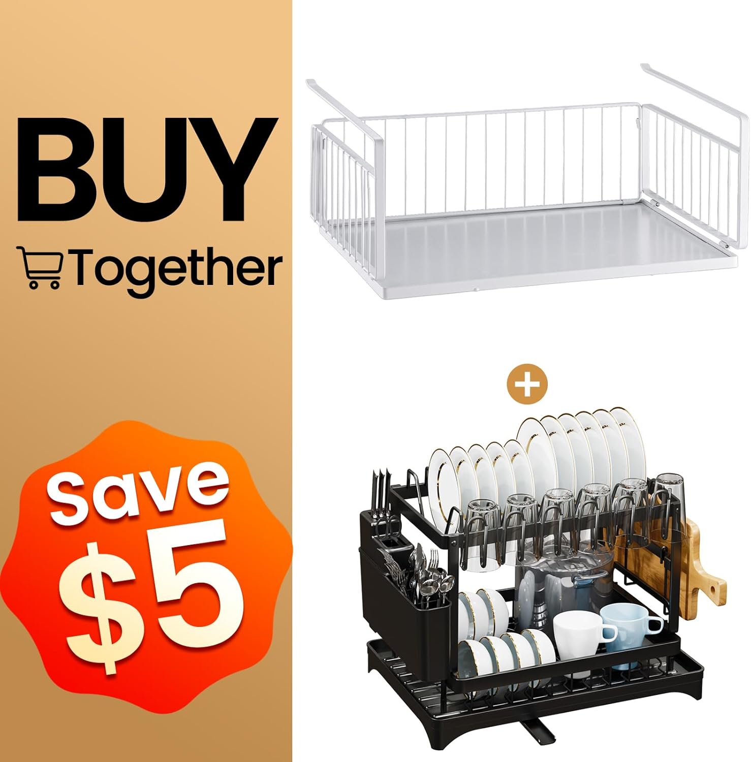 TAILI Under Shelf Basket(XL) & 2 Tier Dish Drying Rack with Drainboard, Hanging Organizer Racks, Kitchen Storage