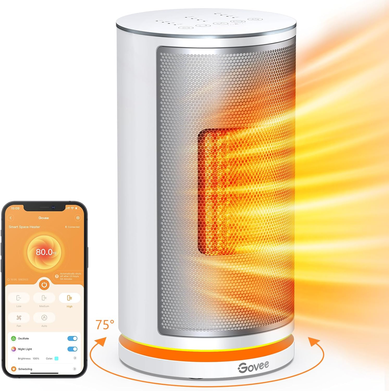 Govee Smart Space Heater for Indoor Use, 1500W Fast Ceramic Electric Heater with Thermostat, 75Oscillating, App & Voice Remote, Overheating & Tip-Over Protection, 24H Timer Heater for Home Office