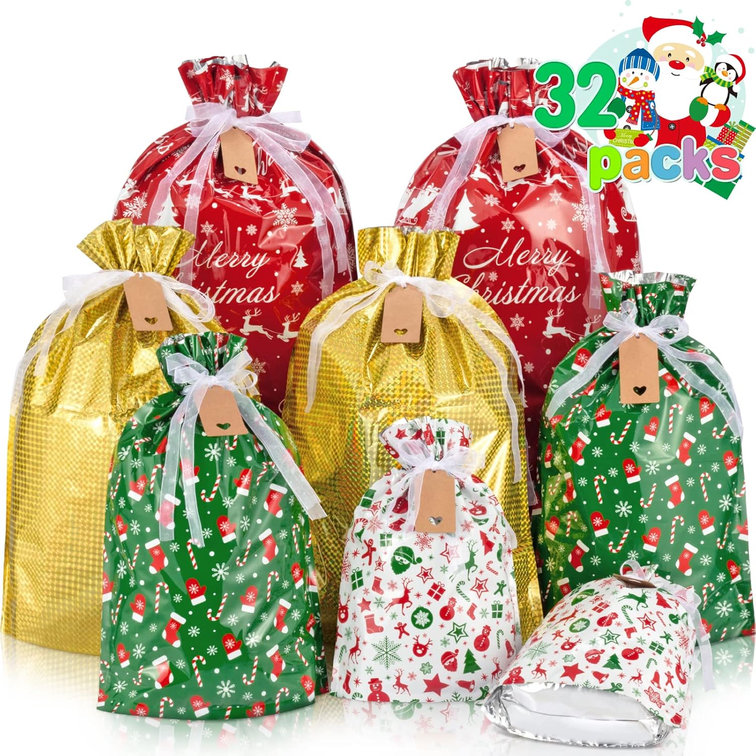 Tiblue Christmas Drawstring Gift Bags - 32 PCS Stand Up Xmas Bags with Tags Holiday Gift Bags Assorted Sizes for Christmas Decorations Small Medium Large Santa Wrapping Bag for Treat, Goodies, Party