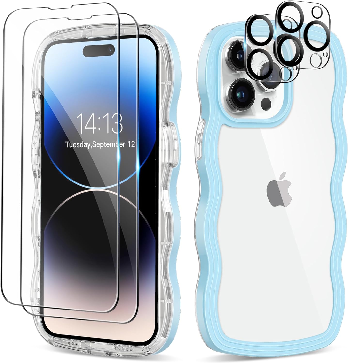 for iPhone 12 & 12 Pro Case 6.1 Inch, with 2X Screen Protector + 2X Camera Lens Protector, Clear Wave Curved Design Soft TPU + Hard Frame Shockproof Protective Phone Case Cover for Women, Blue