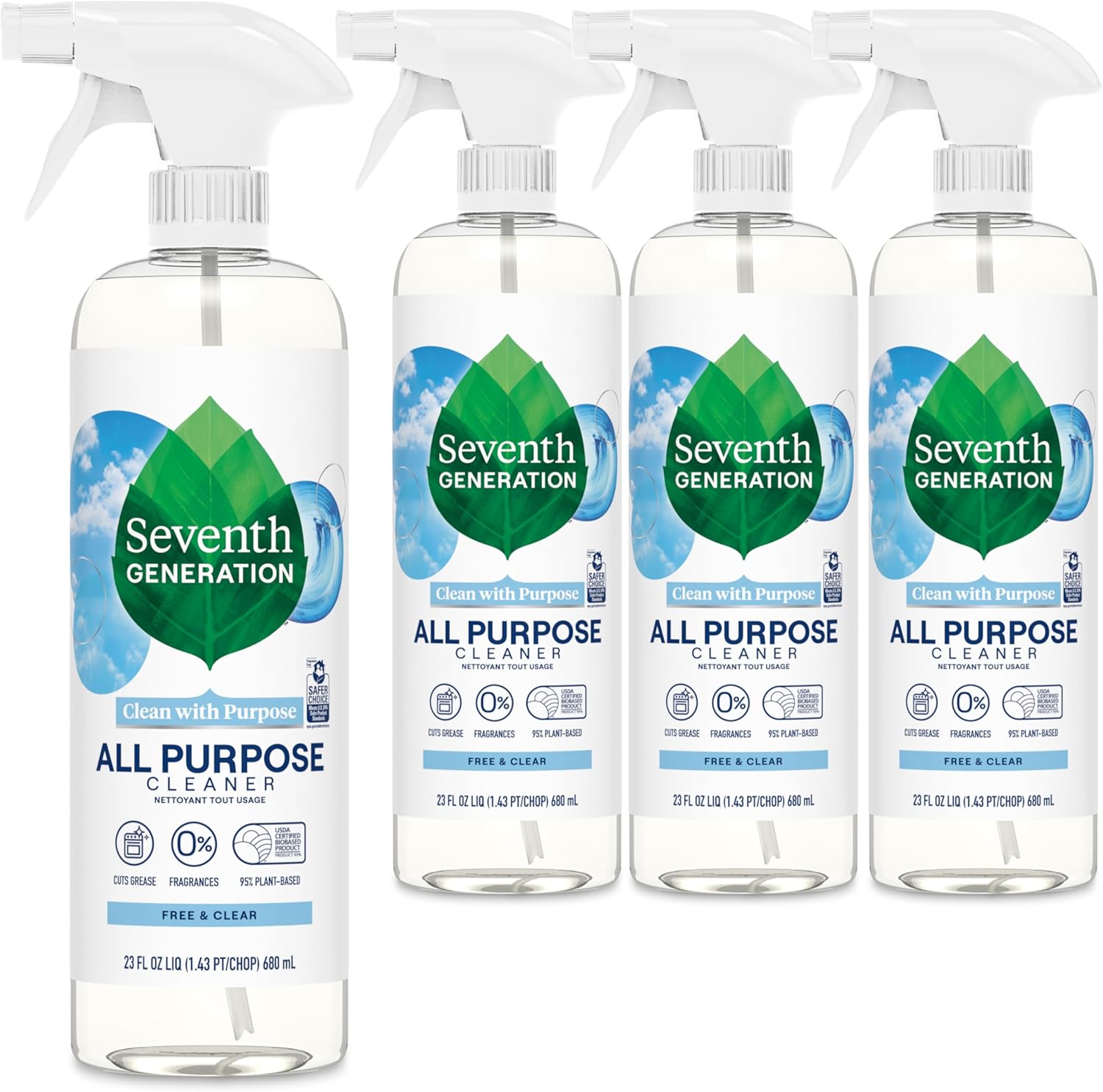 Seventh Generation All Purpose Cleaner, Biodegradable Formula, Free & Clear, 23 oz (Pack of 4)