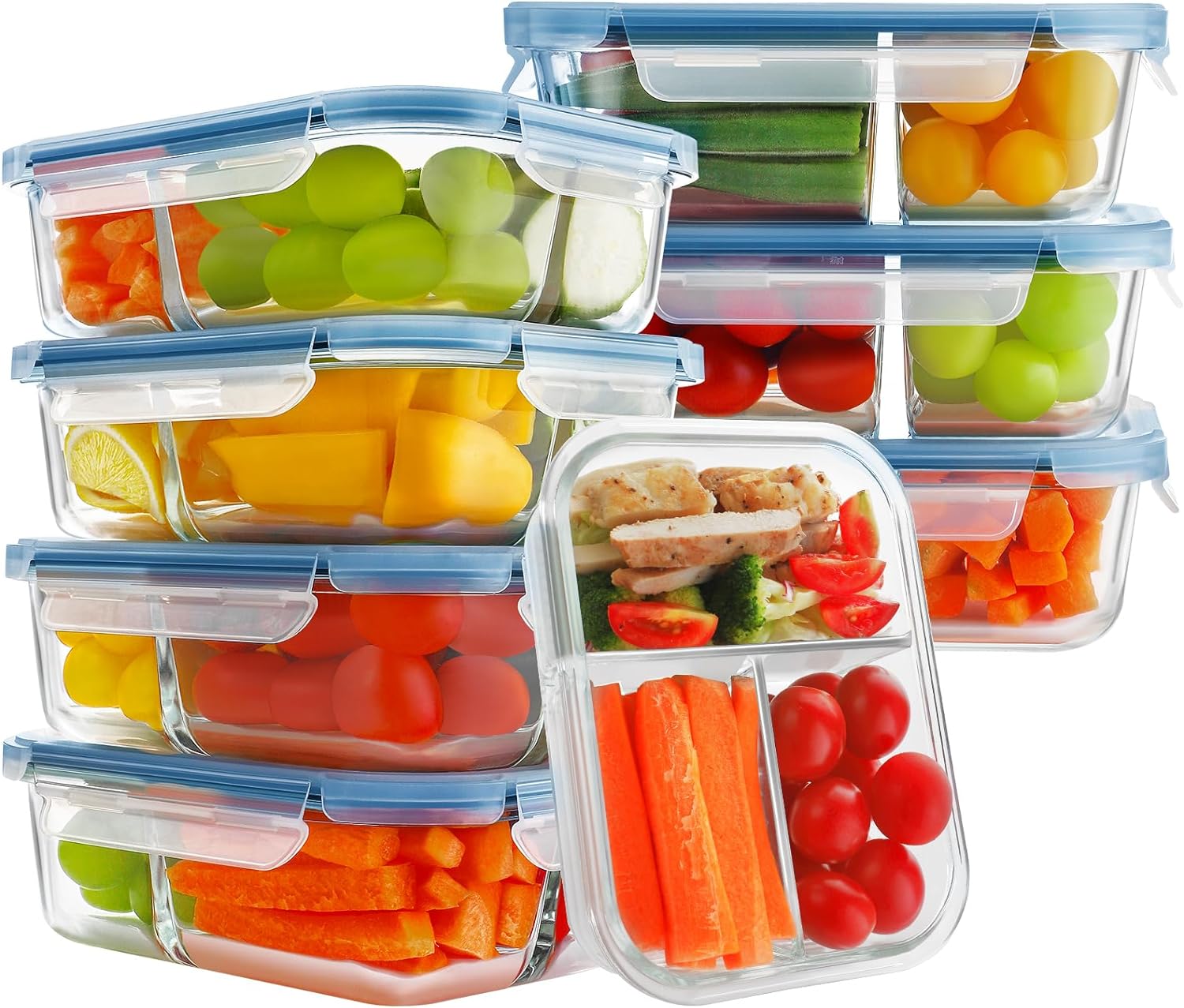 8 Pack Glass Meal Prep Containers 3 Compartment, 36oz Glass Food Storage Containers with Lids, Airtight Glass Lunch Bento Boxes, BPA-Free & Leak Proof (8 lids & 8 Containers) - Blue