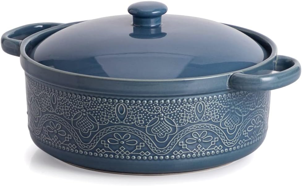 FUN ELEMENTS Lace Emboss Casserole Dish with Lid, 2 Quart Oven to Table Ceramic Round Serving Dish with Handles for Dinner and Party(Grayish Blue)