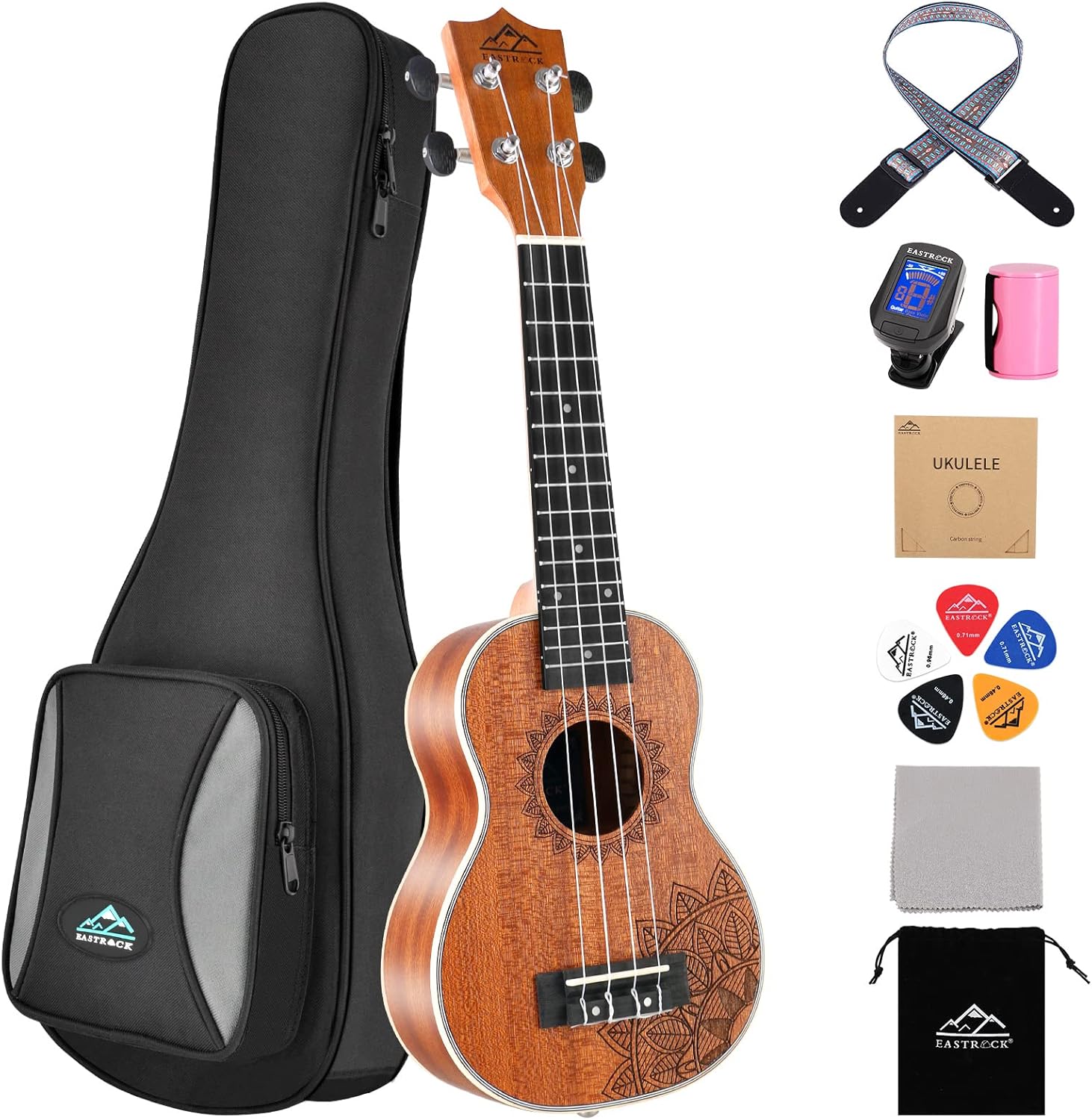 EASTROCK Soprano Ukelele Sapele Beginner 21 inch Ukulele Big Package Kit. Ukulele Ukalalee Suitable for Kids, Beginners. (21-Sapele)