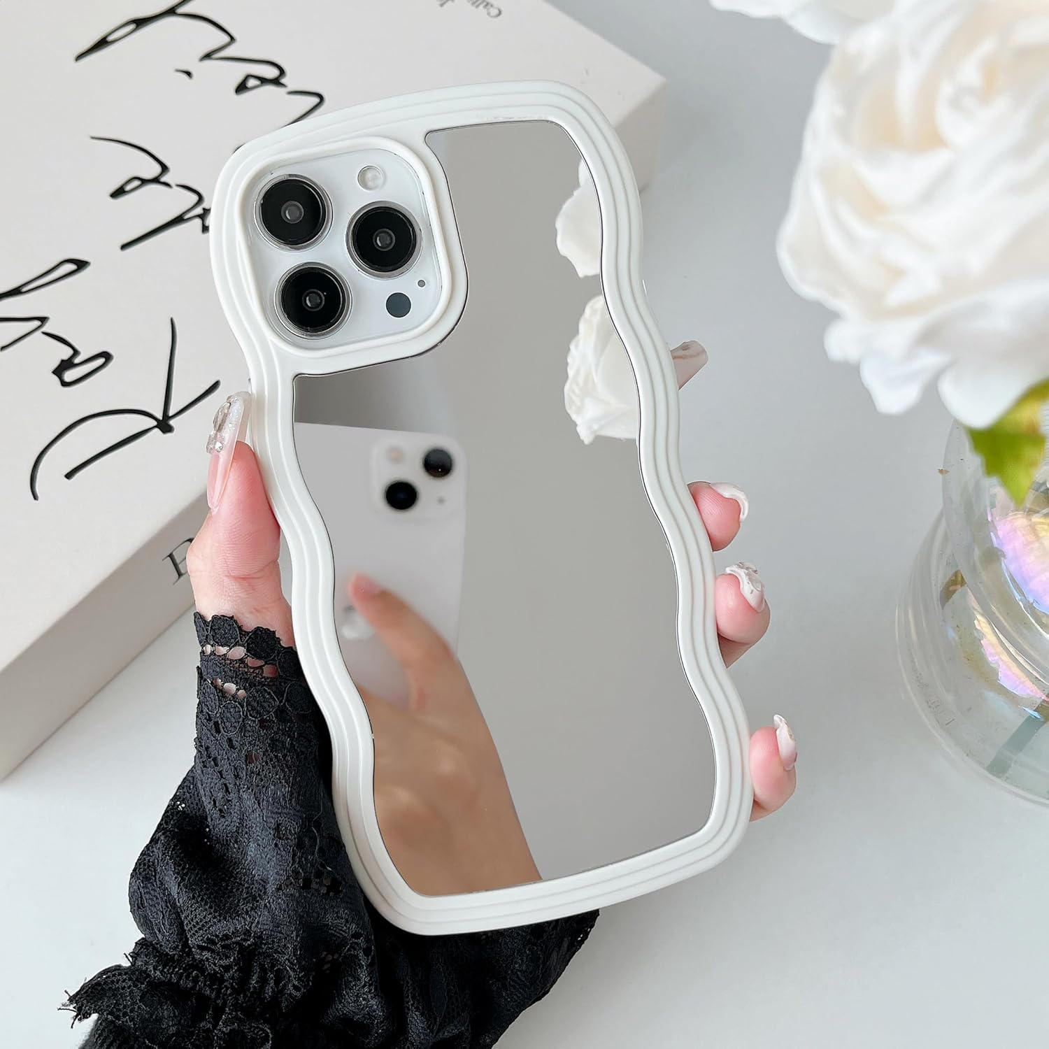 ZTOFERA Mirror Case for iPhone 15 Pro, Mirror for Girls Women Makeup, Unique Curly Wave Frame with Mirror Back Slim Fit Anti-Drop Shockproof Protective Case for iPhone 15 Pro-White Mirror