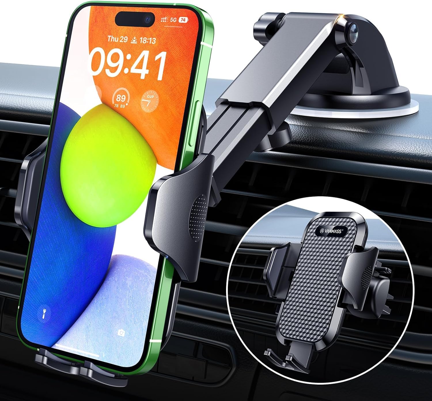 VANMASS 2024 Best Military-Grade Phone Holders for Your Car 65 LBS Strongest Suction & Clip Ultimate Cell Phone Mount Dashboard Window Vent for iPhone 15 Pro Max 14 13 12 Samsung Android Truck