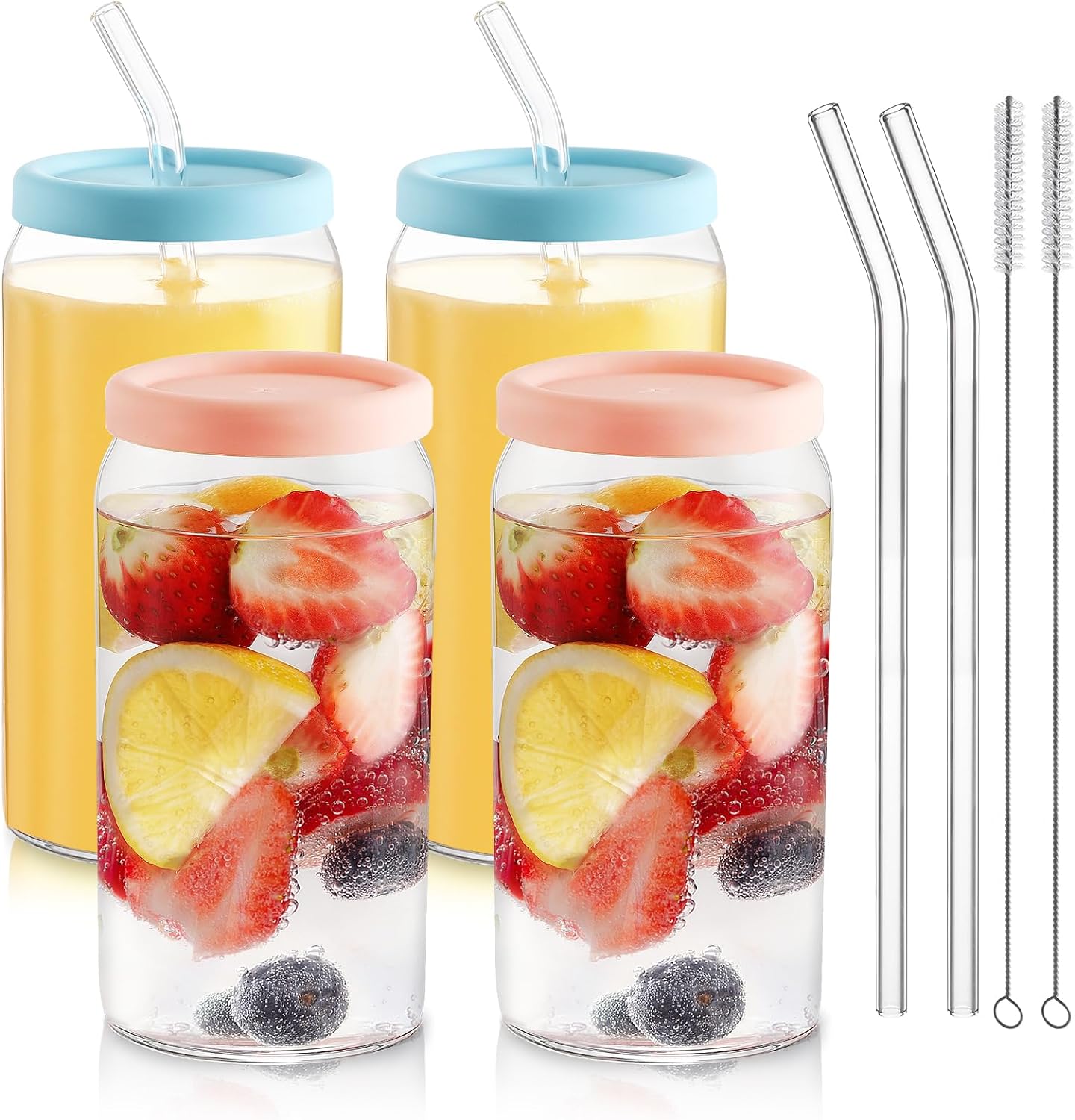 Glass Cups with Silicone Lids 4pcs, 20oz Can Shaped Glass Cups with Straws, Beer Glasses, Iced Coffee Cups, Cute Tumbler Cup with Cleaning Brush, Pink & Blue, Ideal for Cocktail, Tea, Gift