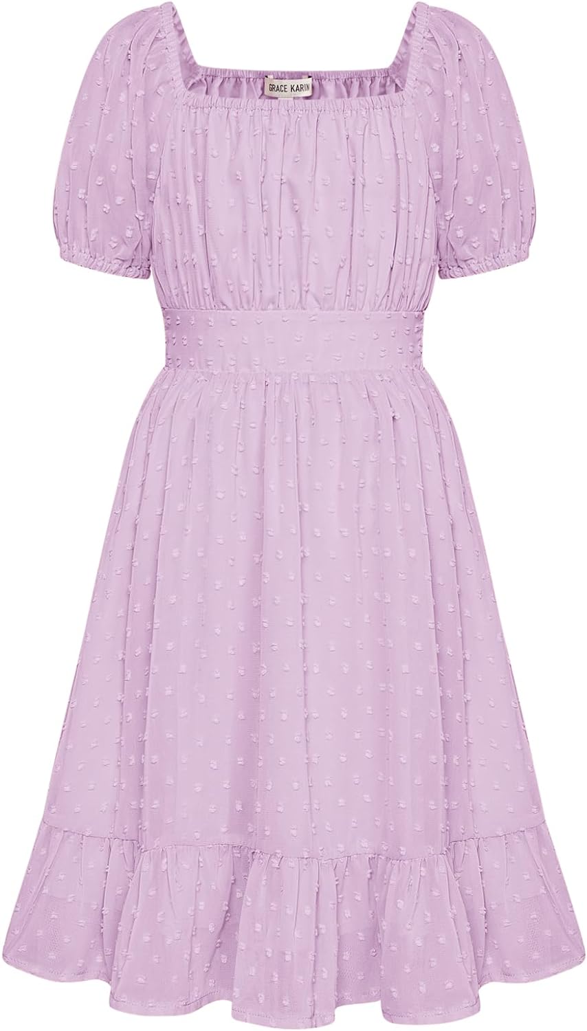 GRACE KARIN Girls Dress Ruffle Tiered Summer Dress Short Sleeve Swiss Dot Flowy A-Line Spring Casual Dress 5-14Y